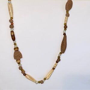 Vintage Ethnic Beaded 16" Necklace Terra Cotta Clay Glass Etched Faux Bone Beads